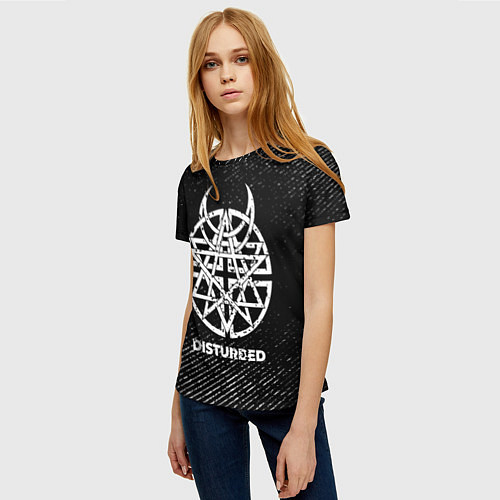 Женская футболка Disturbed с потертостями на темном фоне / 3D-принт – фото 3