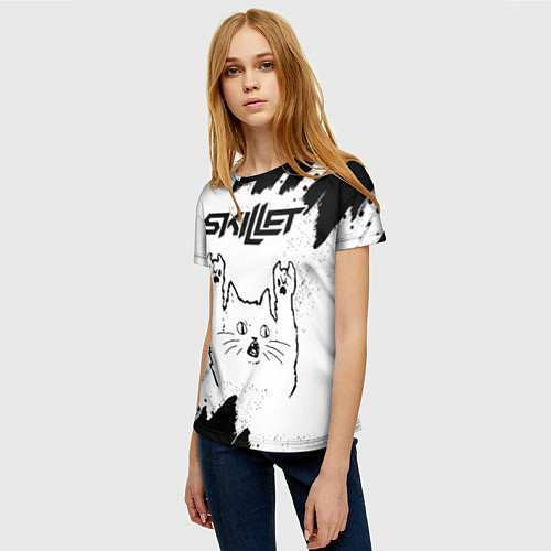 Женская футболка Skillet рок кот на светлом фоне / 3D-принт – фото 3
