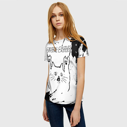 Женская футболка Crystal Castles рок кот на светлом фоне / 3D-принт – фото 3
