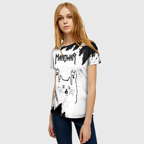 Женская футболка Manowar рок кот на светлом фоне / 3D-принт – фото 3