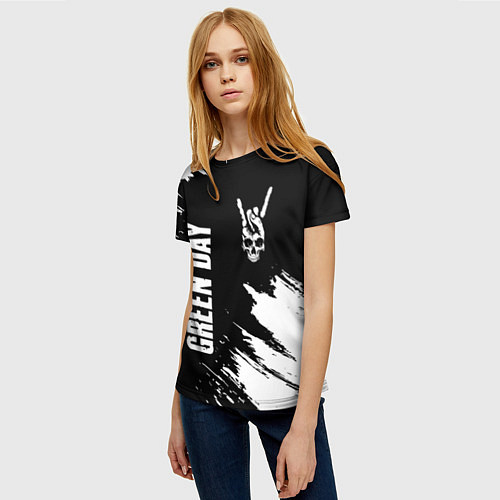 Женская футболка Green Day и рок символ на темном фоне / 3D-принт – фото 3