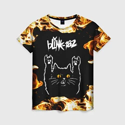 Футболка женская Blink 182 рок кот и огонь, цвет: 3D-принт