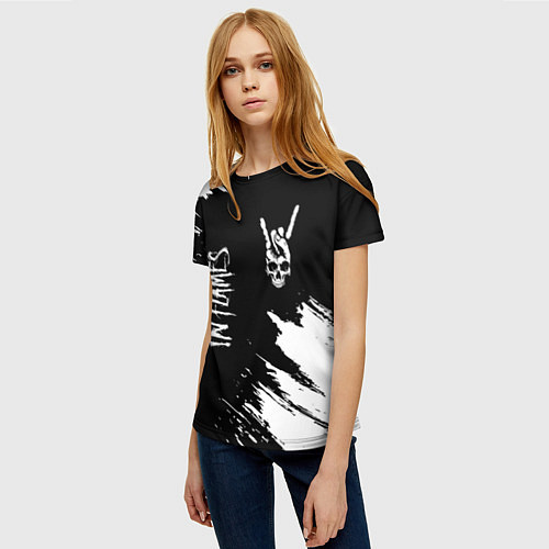 Женская футболка In Flames и рок символ на темном фоне / 3D-принт – фото 3