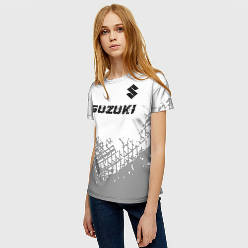 Женская футболка Suzuki speed на светлом фоне со следами шин: симво / 3D-принт – фото 3