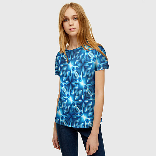 Женская футболка Светящиеся голубые цветы / 3D-принт – фото 3