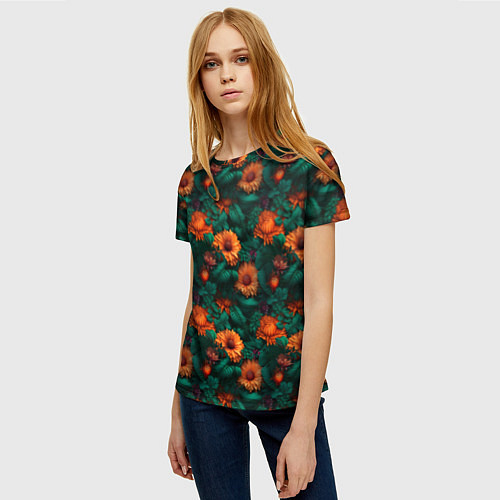 Женская футболка Оранжевые цветы и зеленые листья / 3D-принт – фото 3