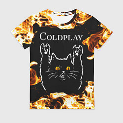 Футболка женская Coldplay рок кот и огонь, цвет: 3D-принт