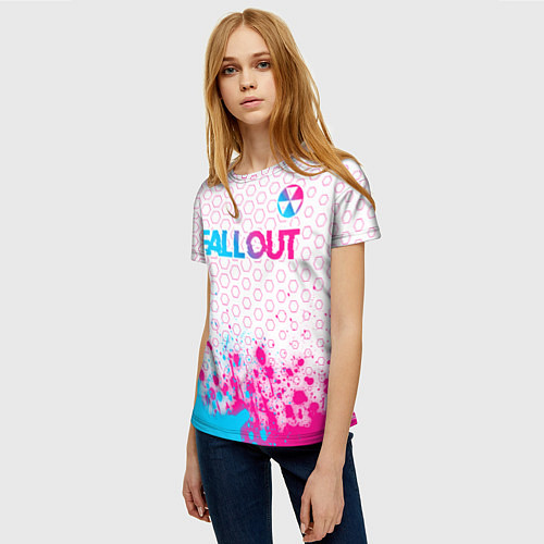 Женская футболка Fallout neon gradient style: символ сверху / 3D-принт – фото 3
