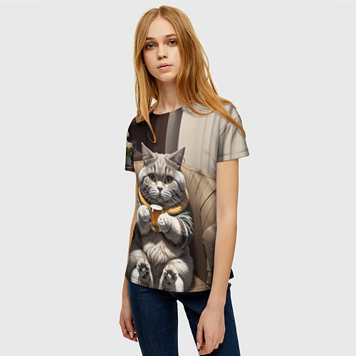 Женская футболка Кот сидит на диване с напитком / 3D-принт – фото 3