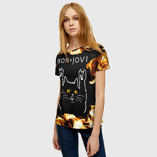 Женская футболка Bon Jovi рок кот и огонь / 3D-принт – фото 3