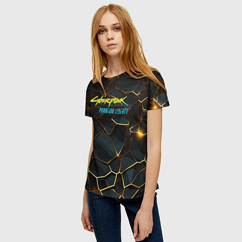 Женская футболка Cyberpunk 2077 phantom liberty gold abstract / 3D-принт – фото 3