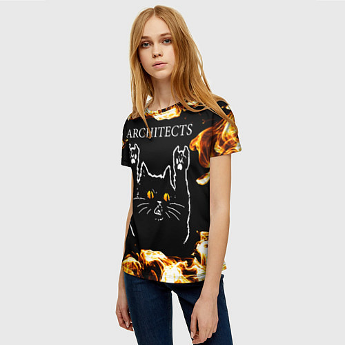Женская футболка Architects рок кот и огонь / 3D-принт – фото 3