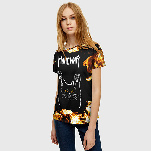 Женская футболка Manowar рок кот и огонь / 3D-принт – фото 3