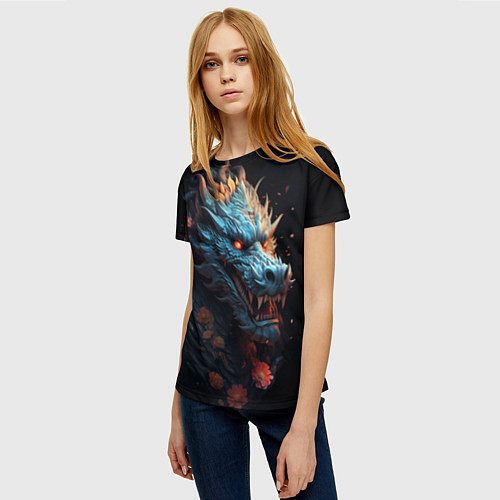 Женская футболка Дракон с цветами: арт нейросети / 3D-принт – фото 3