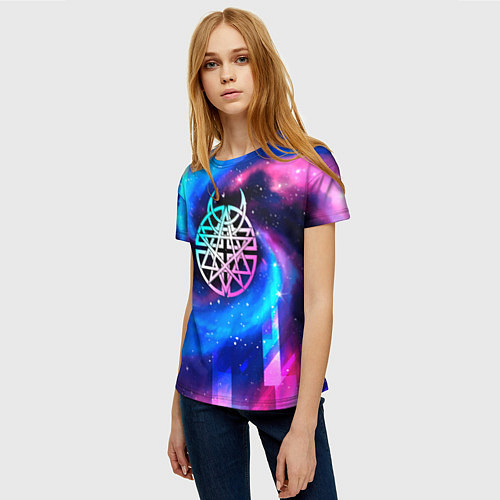 Женская футболка Disturbed неоновый космос / 3D-принт – фото 3
