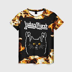 Футболка женская Judas Priest рок кот и огонь, цвет: 3D-принт