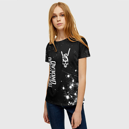 Женская футболка Hollywood Undead и рок символ на темном фоне / 3D-принт – фото 3
