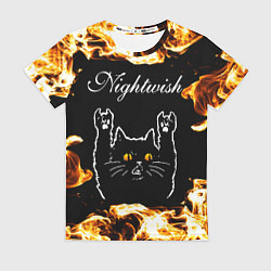 Футболка женская Nightwish рок кот и огонь, цвет: 3D-принт