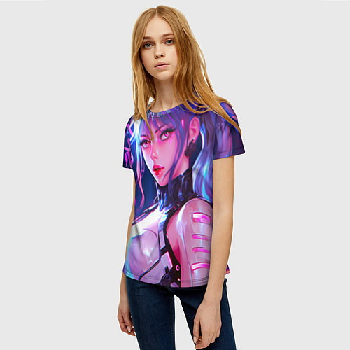 Женская футболка Кибер-девушка неон аниме / 3D-принт – фото 3