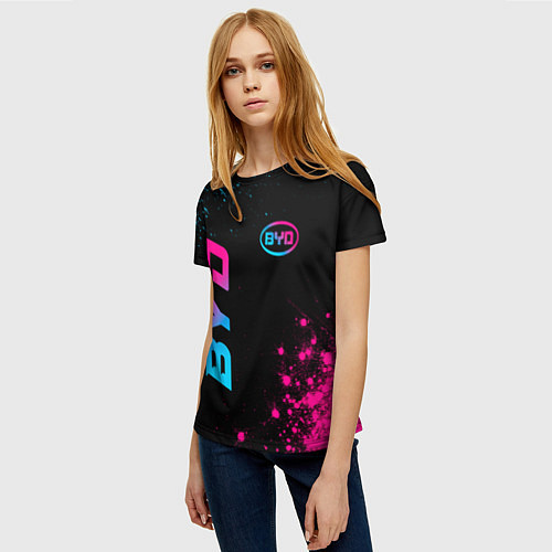 Женская футболка BYD - neon gradient: надпись, символ / 3D-принт – фото 3