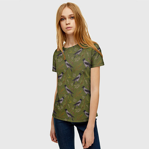 Женская футболка Вороны и еловые веточки / 3D-принт – фото 3