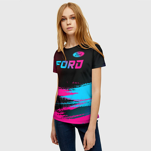 Женская футболка Ford - neon gradient: символ сверху / 3D-принт – фото 3