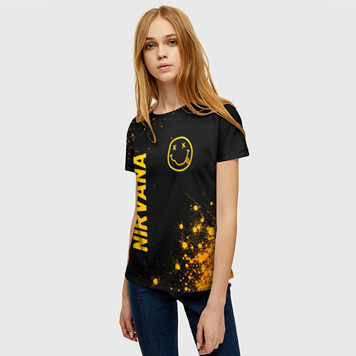 Женская футболка Nirvana - gold gradient: надпись, символ / 3D-принт – фото 3