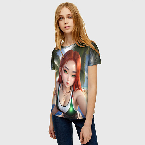 Женская футболка Девушка с рыжими волосами на пляже / 3D-принт – фото 3