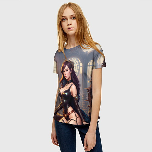 Женская футболка Красивая девушка в стиле стимпанк / 3D-принт – фото 3