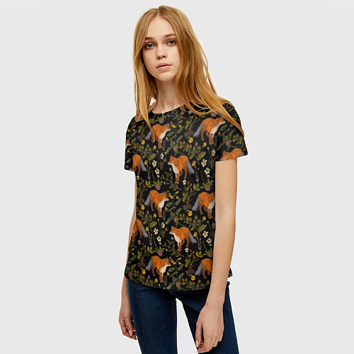 Женская футболка Лисы и цветы / 3D-принт – фото 3