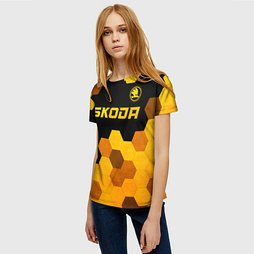 Женская футболка Skoda - gold gradient: символ сверху / 3D-принт – фото 3