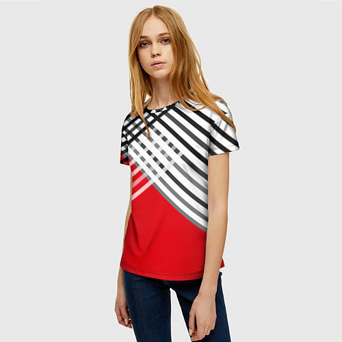 Женская футболка Косые черно-белые полосы на красном / 3D-принт – фото 3