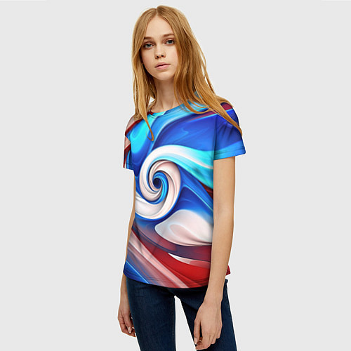 Женская футболка Волны в цвете флага РФ / 3D-принт – фото 3