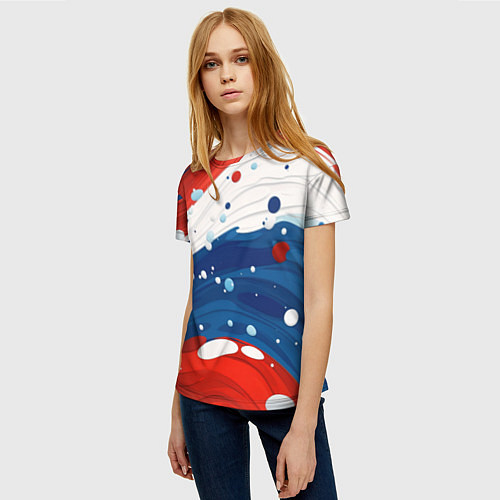 Женская футболка Брызги красок в цветах флага РФ / 3D-принт – фото 3