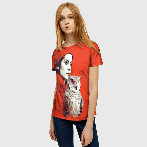 Женская футболка Леди в красном с совой / 3D-принт – фото 3