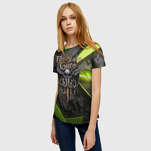 Женская футболка Baldurs Gate 3 logo green abstract / 3D-принт – фото 3