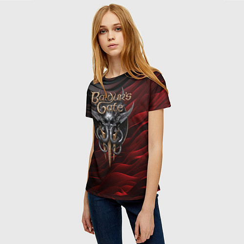 Женская футболка Baldurs Gate 3 logo dark red black / 3D-принт – фото 3