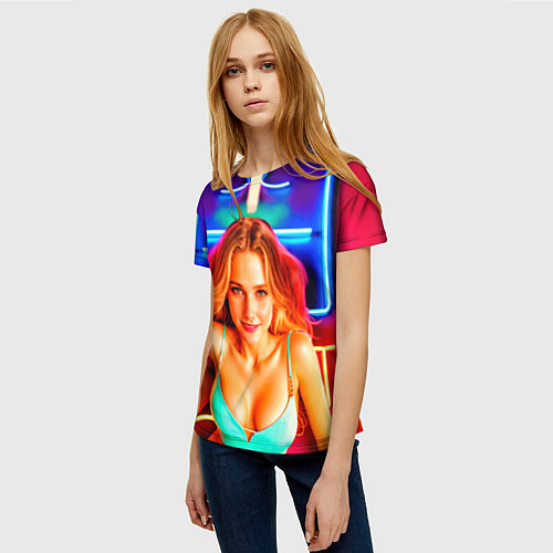 Женская футболка Девушка на фоне неонового логотипа / 3D-принт – фото 3