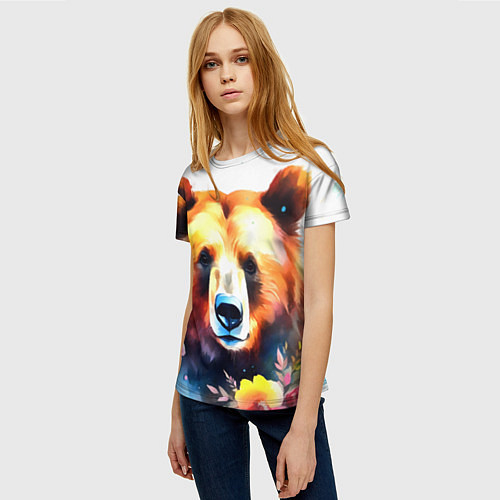 Женская футболка Морда медведя гризли с цветами акварелью / 3D-принт – фото 3