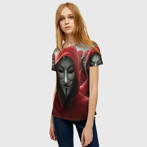 Женская футболка Анонимусы в красных капюшонах / 3D-принт – фото 3