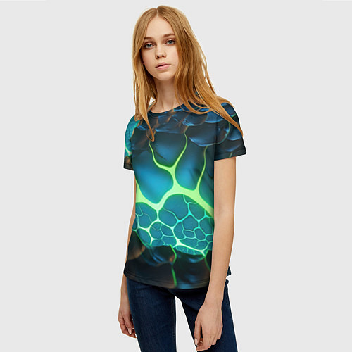 Женская футболка Разлом синих и зеленых неоновых плит / 3D-принт – фото 3