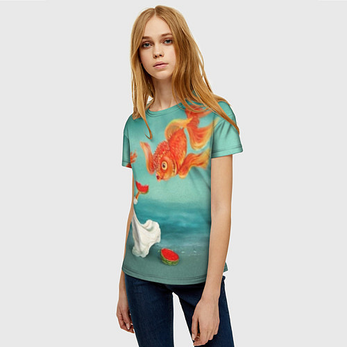 Женская футболка Девочка с арбузом и золотая рыбка / 3D-принт – фото 3