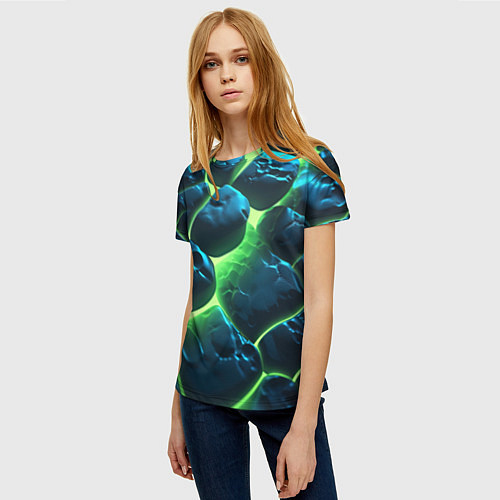 Женская футболка Разлом зеленых плит с неоном / 3D-принт – фото 3
