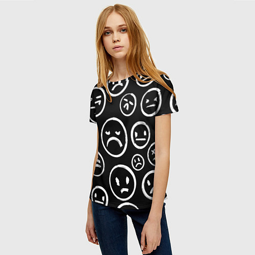 Женская футболка Грустные черно-белые смайлики / 3D-принт – фото 3