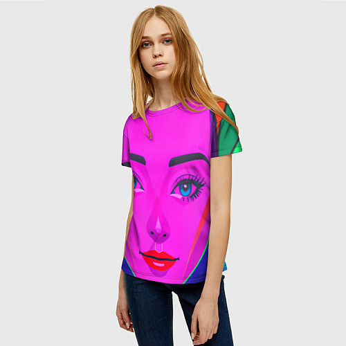 Женская футболка Девушка с голубыми глазами и фиолетовым лицом / 3D-принт – фото 3