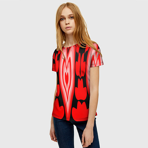 Женская футболка Сердечки с красными узорами / 3D-принт – фото 3
