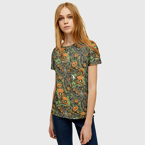 Женская футболка Страшный паттерн с тыквами / 3D-принт – фото 3