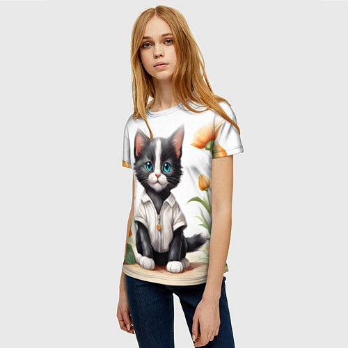 Женская футболка Котенок на цветочной поляне / 3D-принт – фото 3