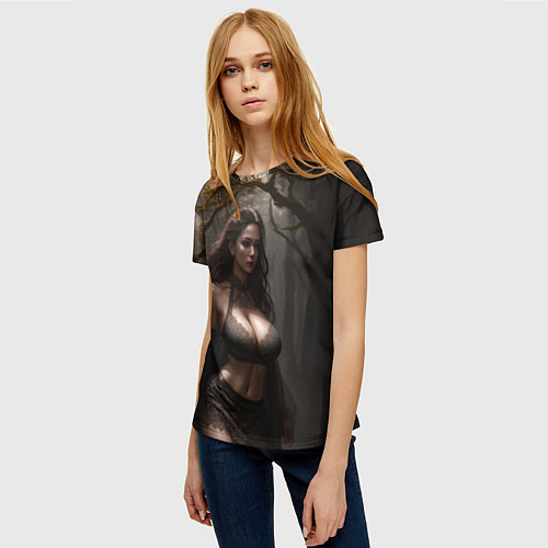 Женская футболка Девушка в лесу на фоне луны / 3D-принт – фото 3