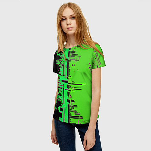 Женская футболка Кибер-глитч зелёный / 3D-принт – фото 3